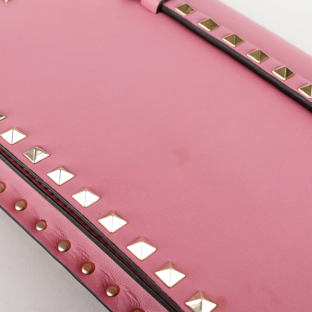 Rockstud Flap Clutch Wristlet, Pink Calfskin