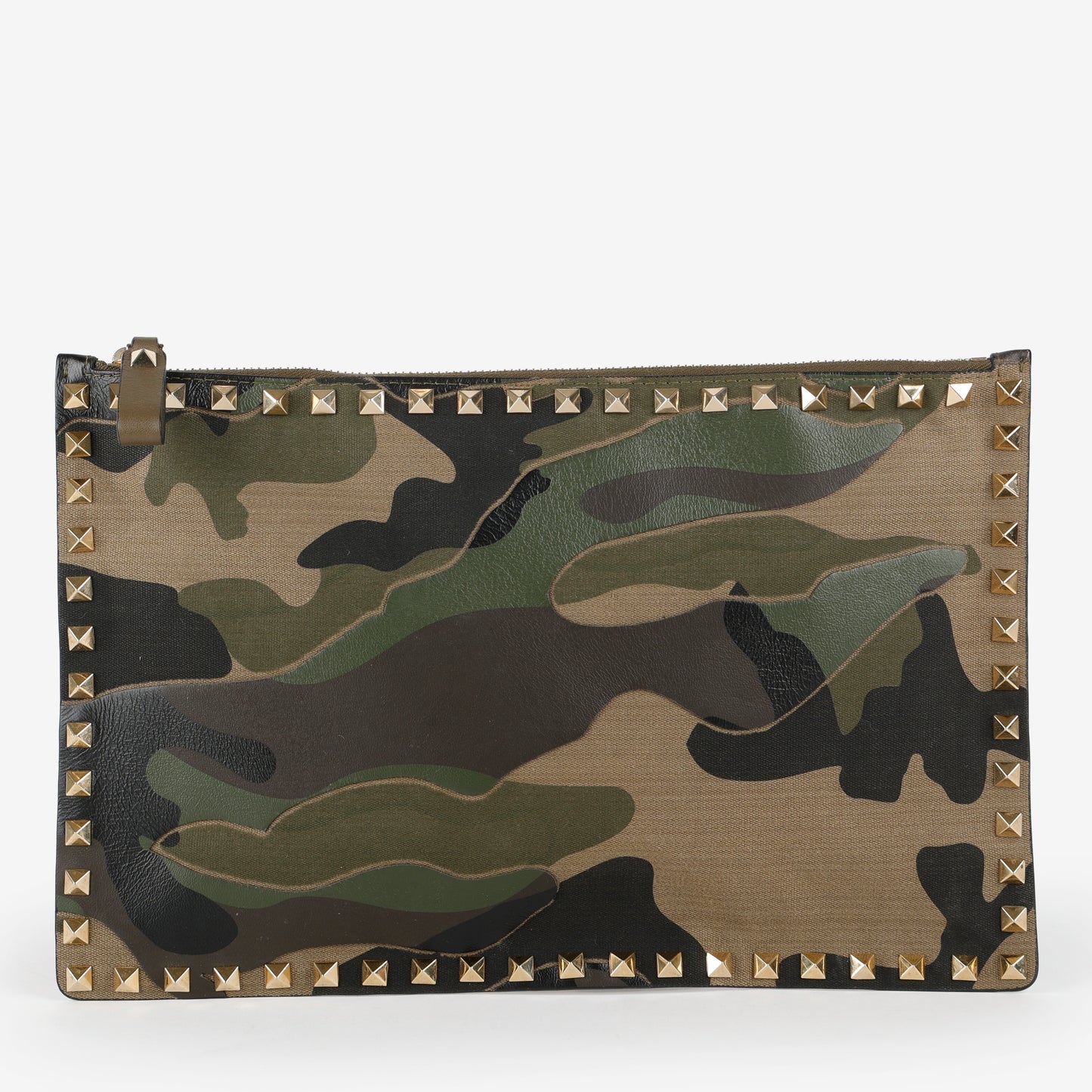 Camouflage Rockstud Zip Clutch, Green