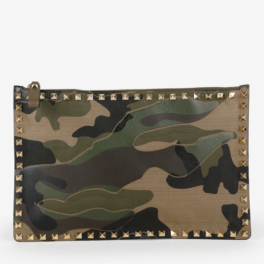 Camouflage Rockstud Zip Clutch, Green