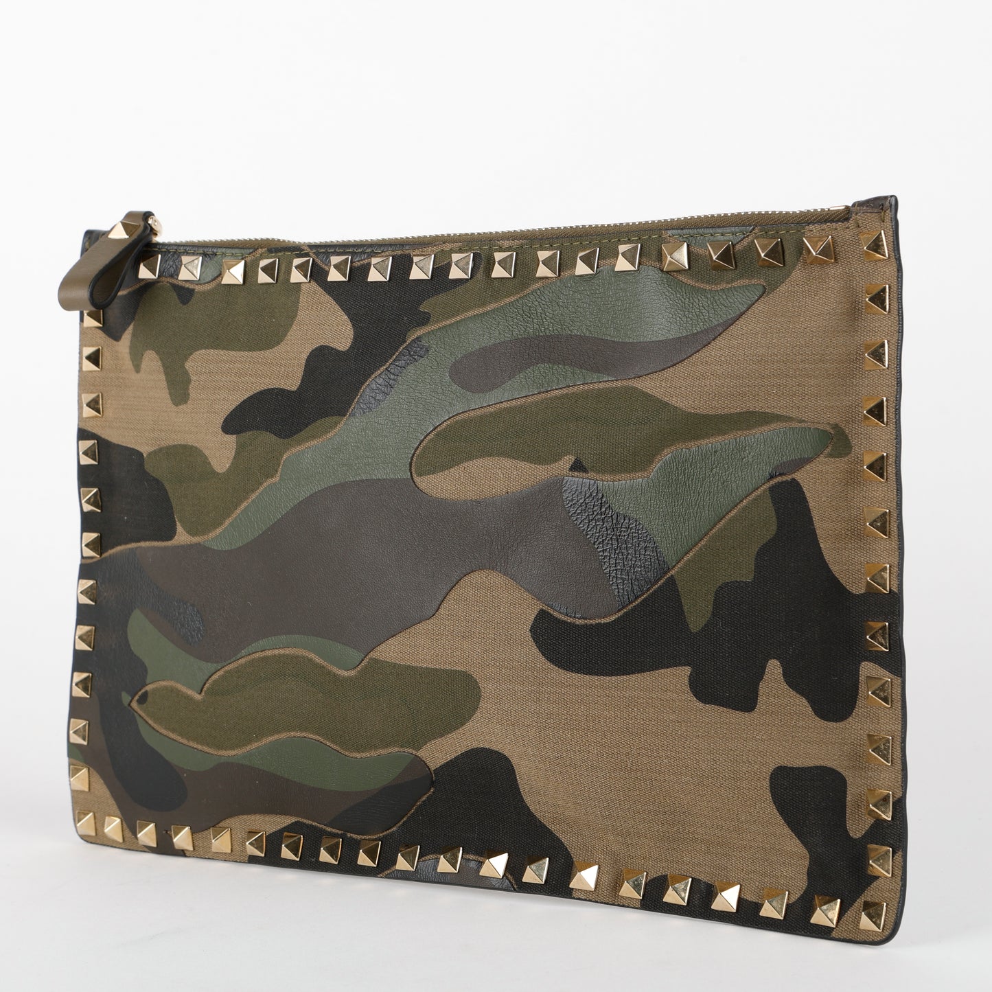 Camouflage Rockstud Zip Clutch, Green