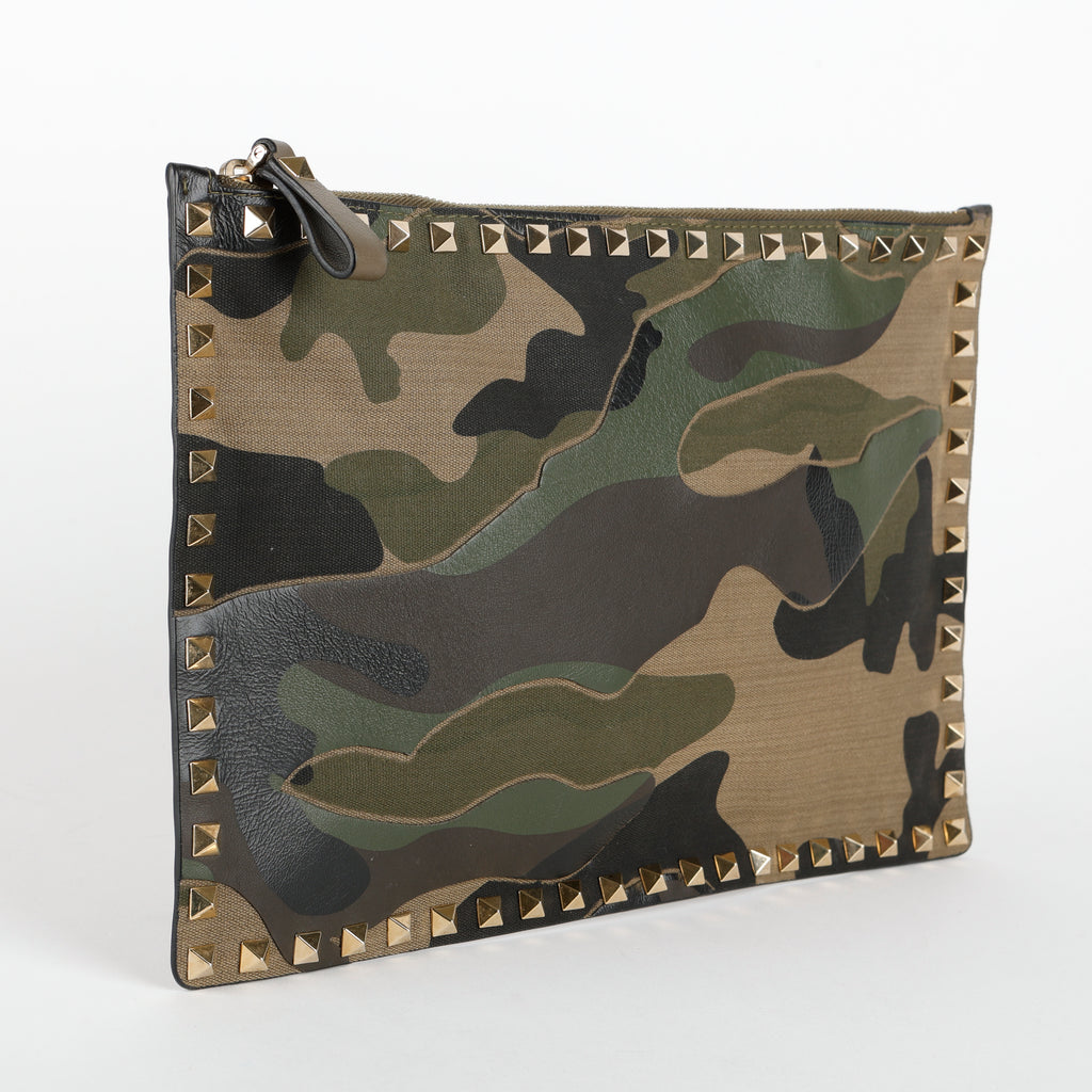 Camouflage Rockstud Zip Clutch, Green