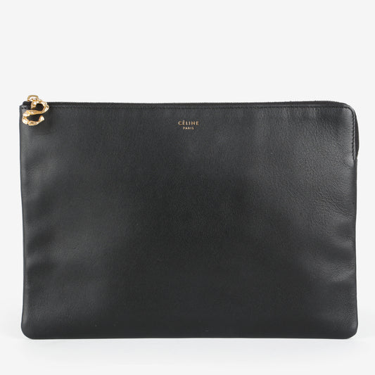 Small S Flat Zip Pouch, Black Calfskin