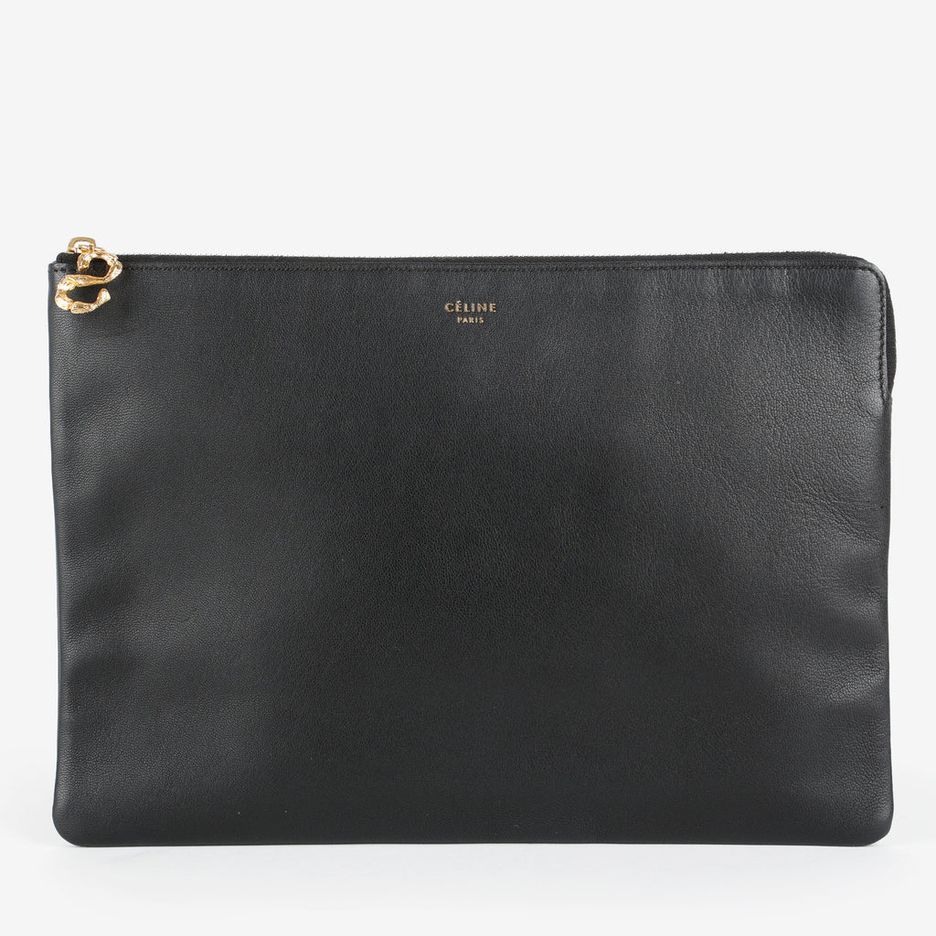Small S Flat Zip Pouch, Black Calfskin