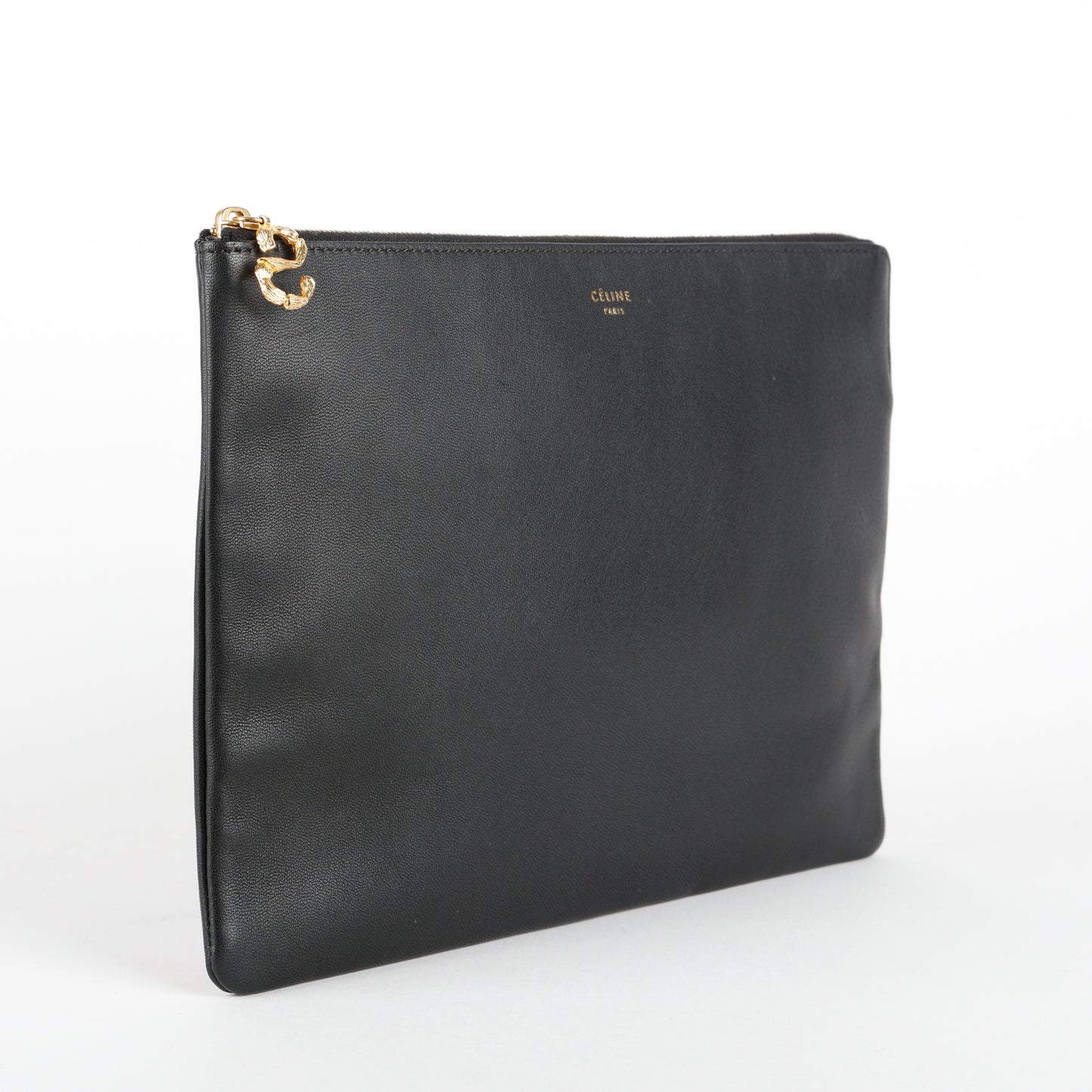 Small S Flat Zip Pouch, Black Calfskin
