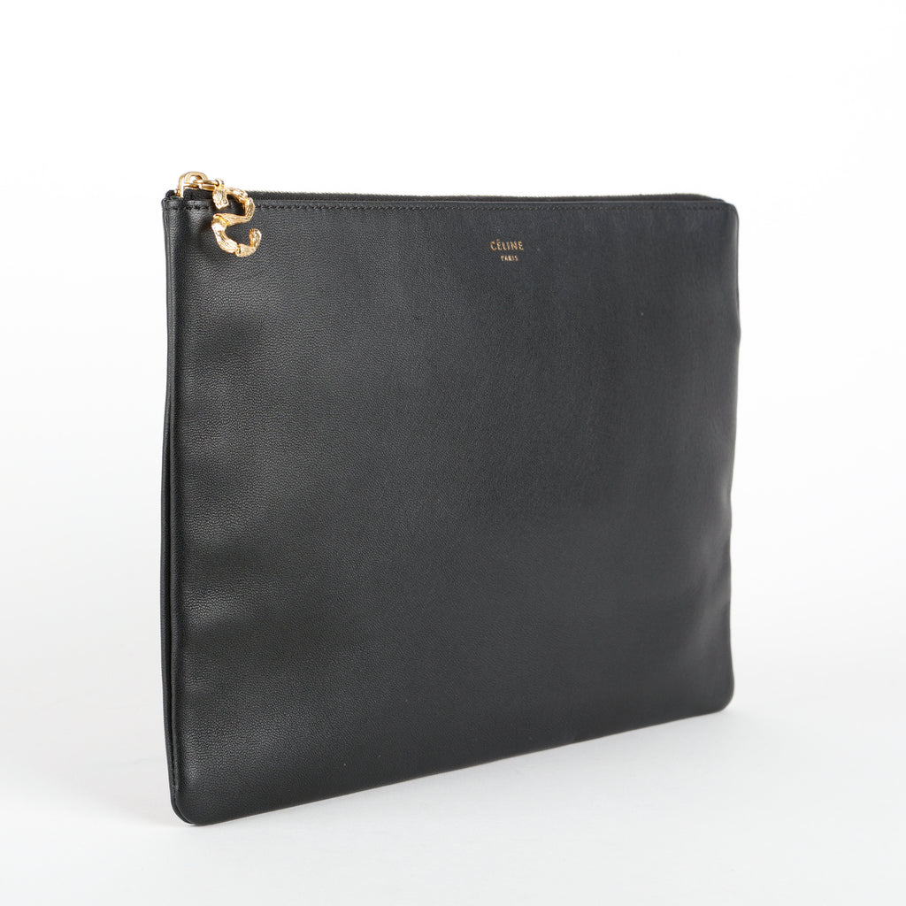 Small S Flat Zip Pouch, Black Calfskin
