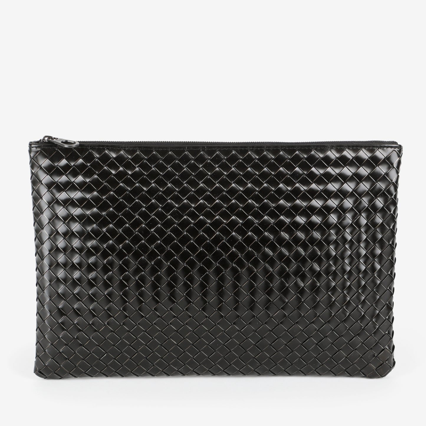Intrecciato Zip Around Pouch, Black Patent Calfskin