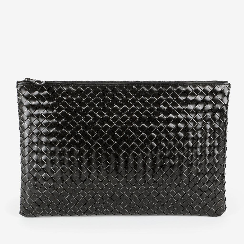 Intrecciato Zip Around Pouch, Black Patent Calfskin
