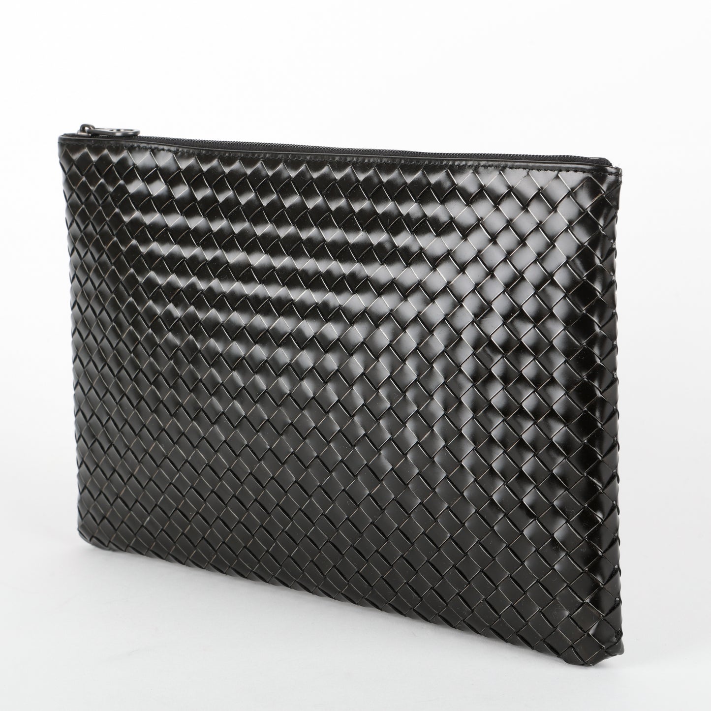 Intrecciato Zip Around Pouch, Black Patent Calfskin