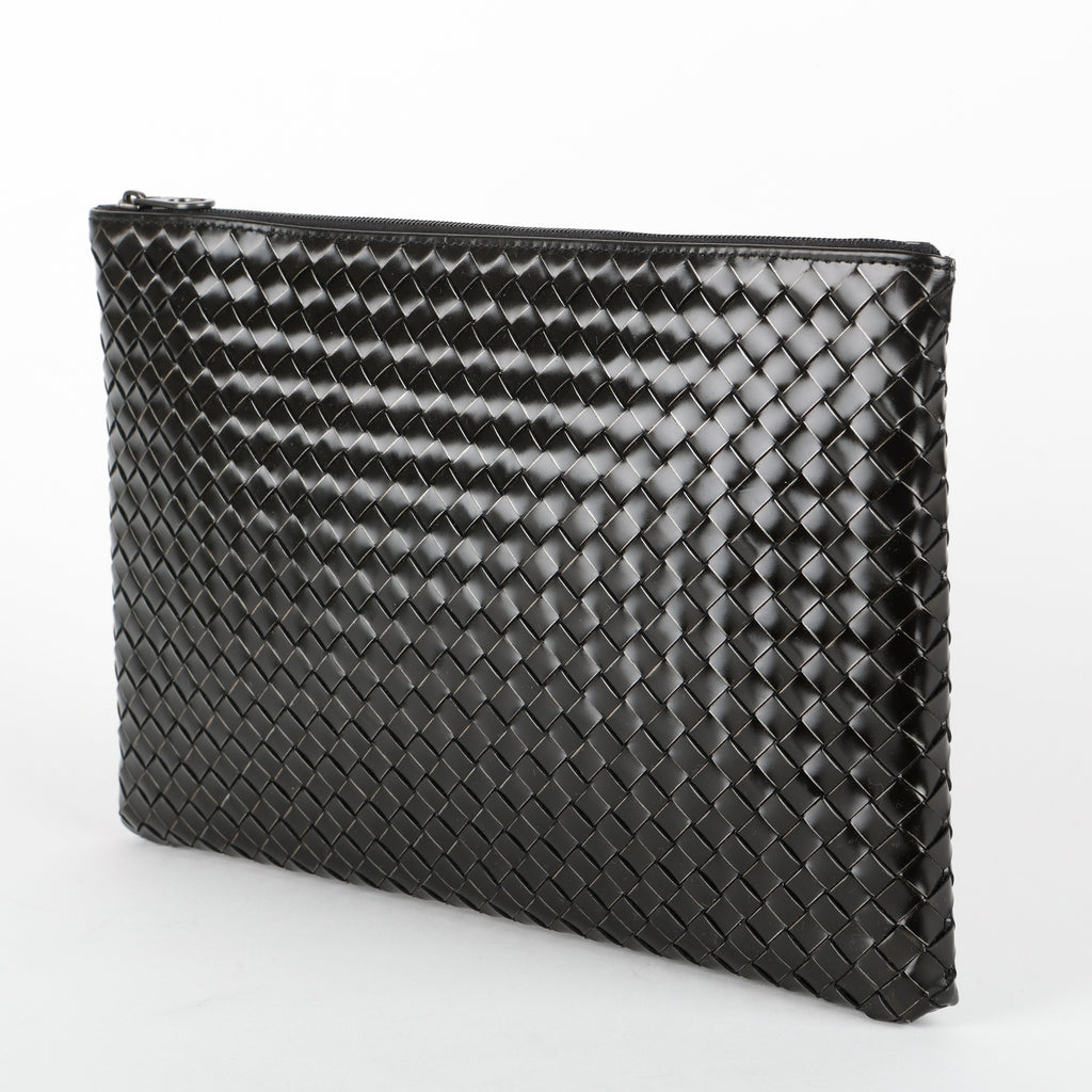 Intrecciato Zip Around Pouch, Black Patent Calfskin