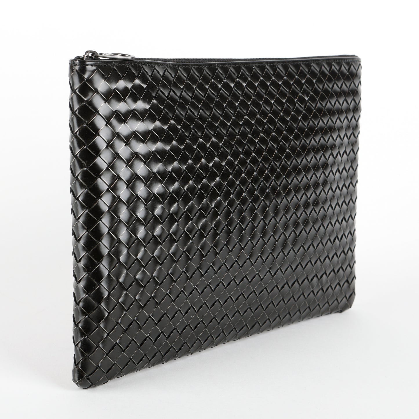 Intrecciato Zip Around Pouch, Black Patent Calfskin