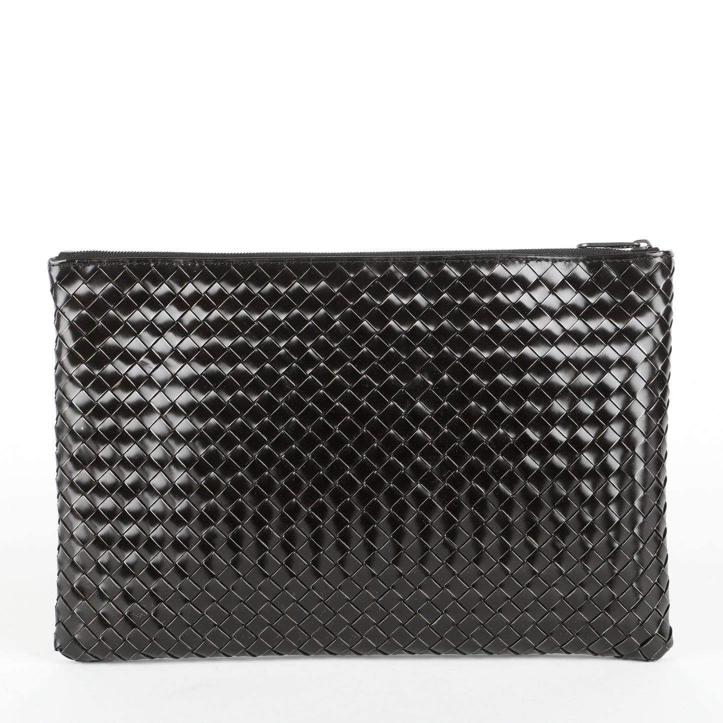 Intrecciato Zip Around Pouch, Black Patent Calfskin