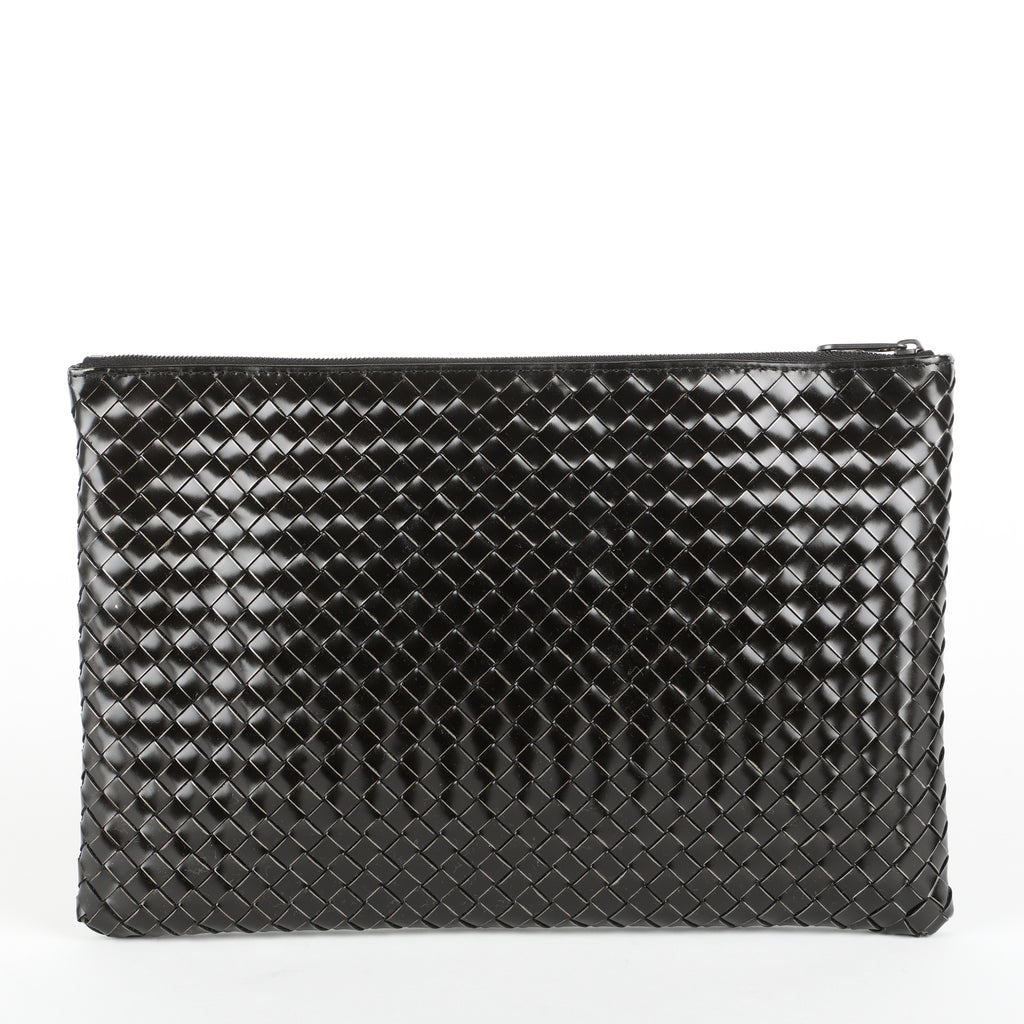 Intrecciato Zip Around Pouch, Black Patent Calfskin