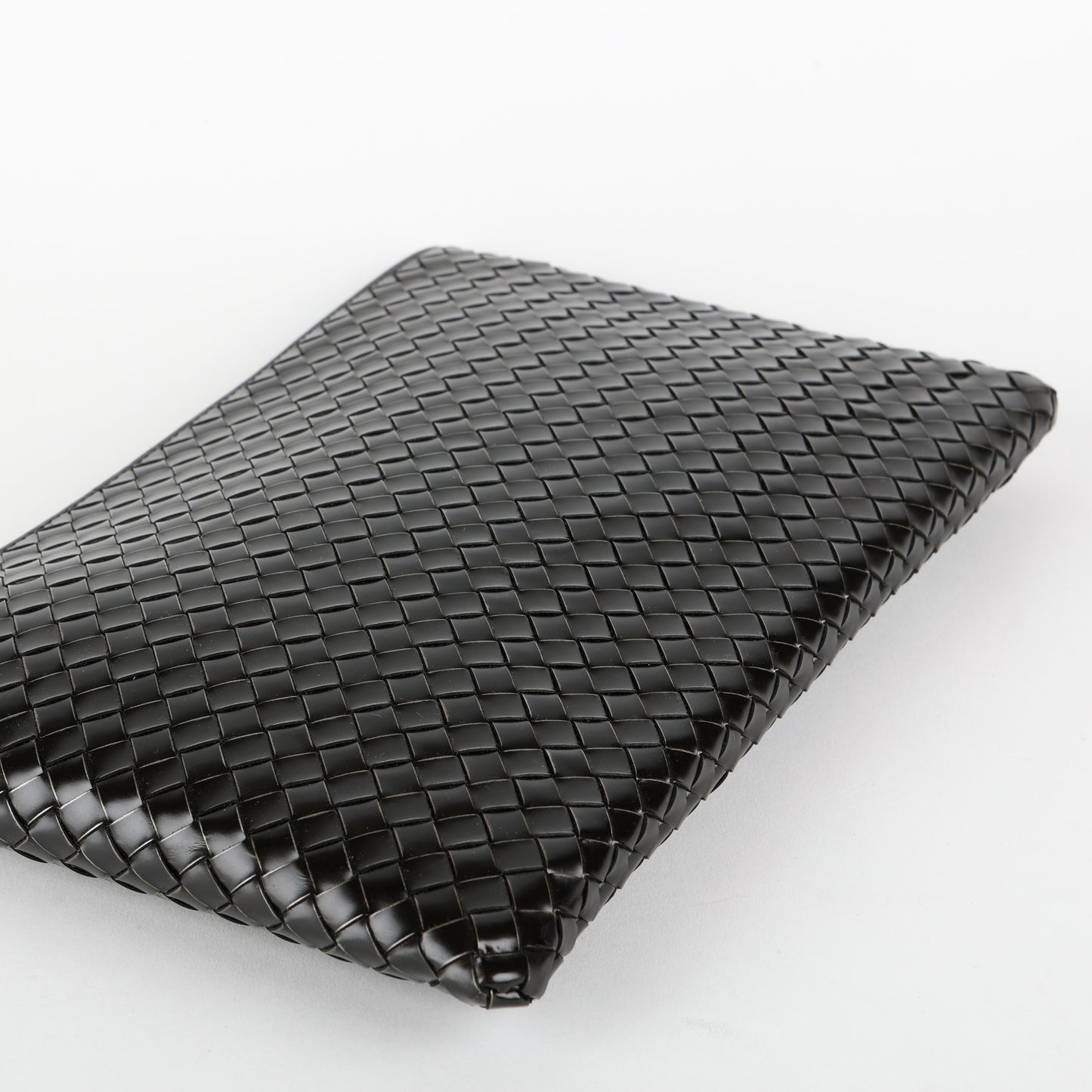 Intrecciato Zip Around Pouch, Black Patent Calfskin