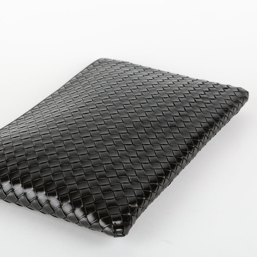 Intrecciato Zip Around Pouch, Black Patent Calfskin