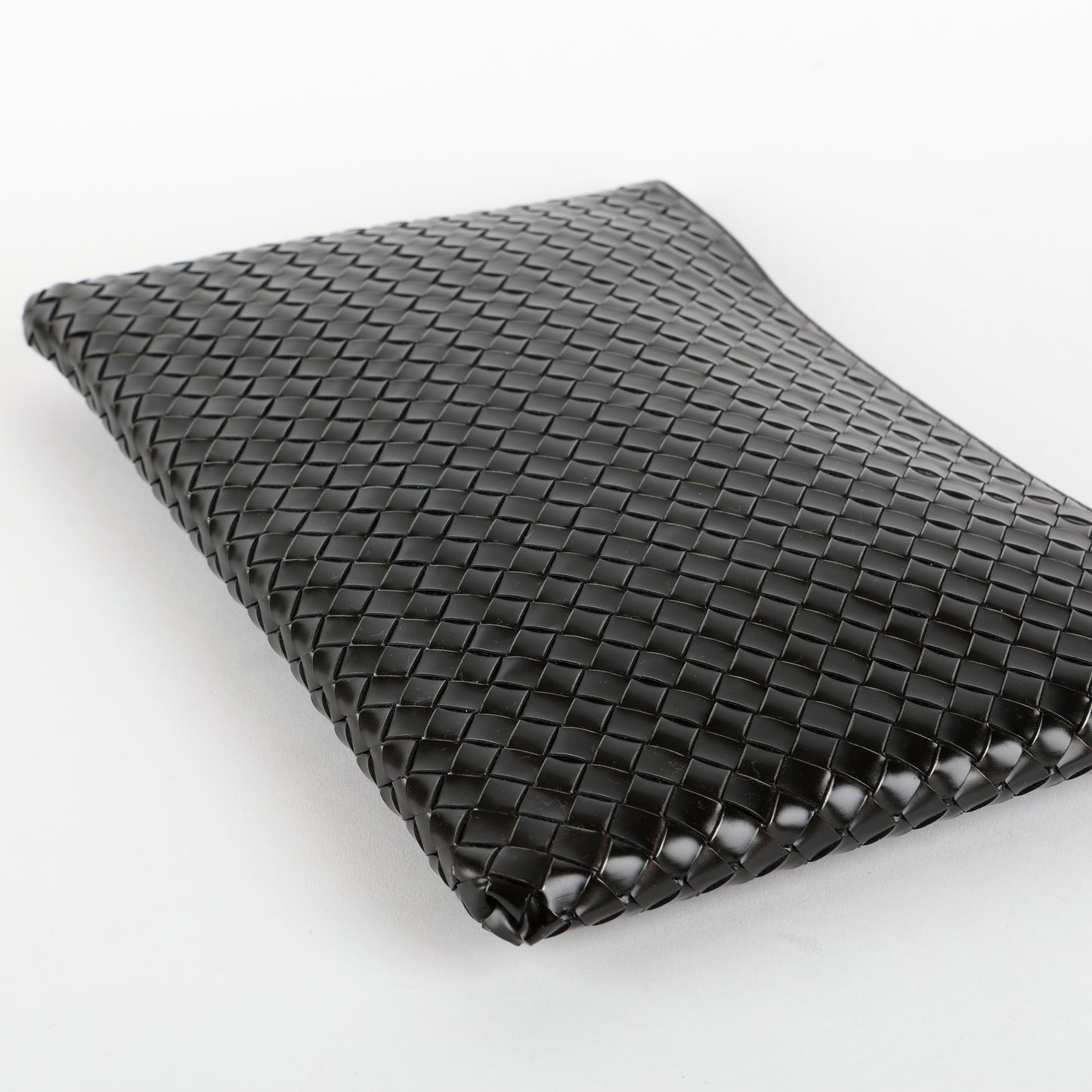 Intrecciato Zip Around Pouch, Black Patent Calfskin