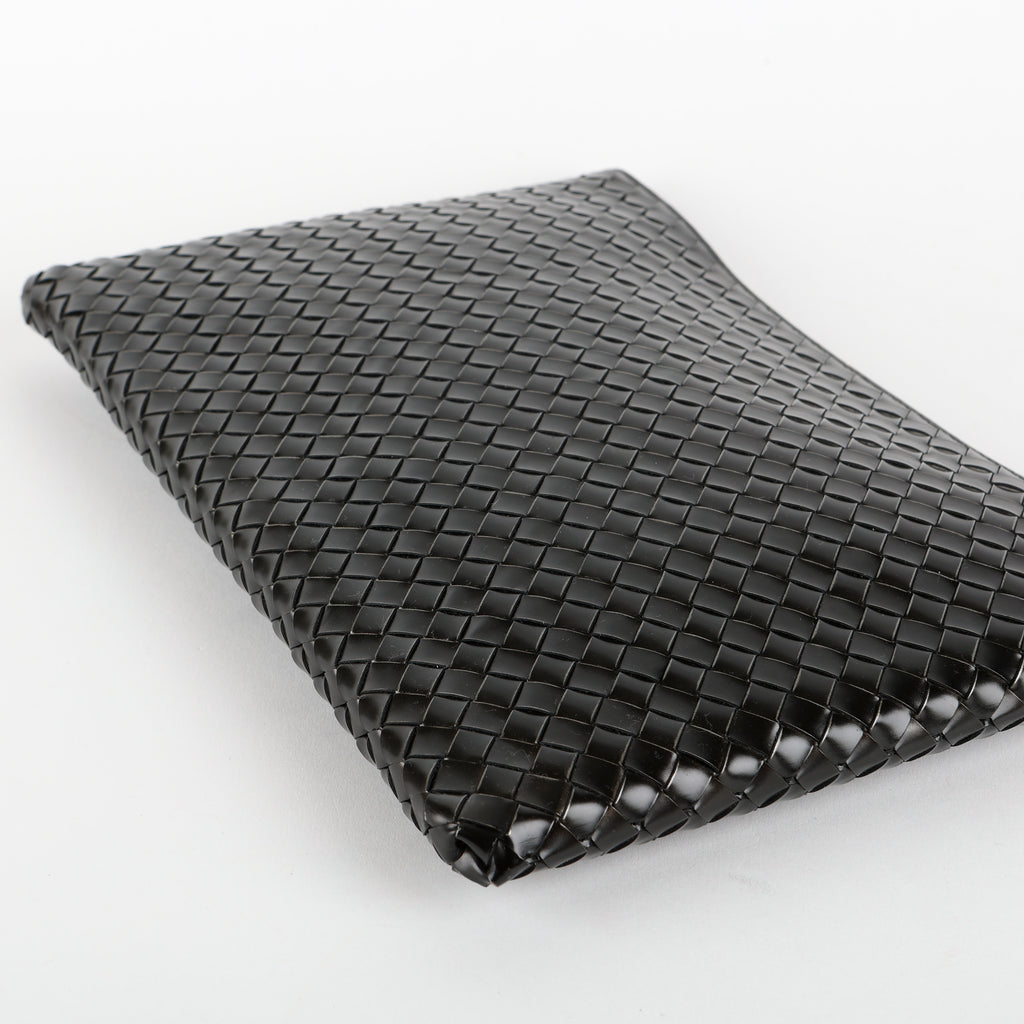 Intrecciato Zip Around Pouch, Black Patent Calfskin