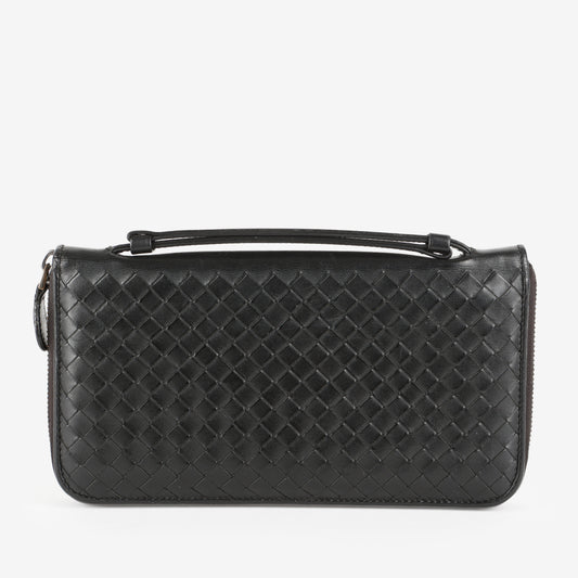 Intrecciato Travel Organizer Wallet, Black Calfskin