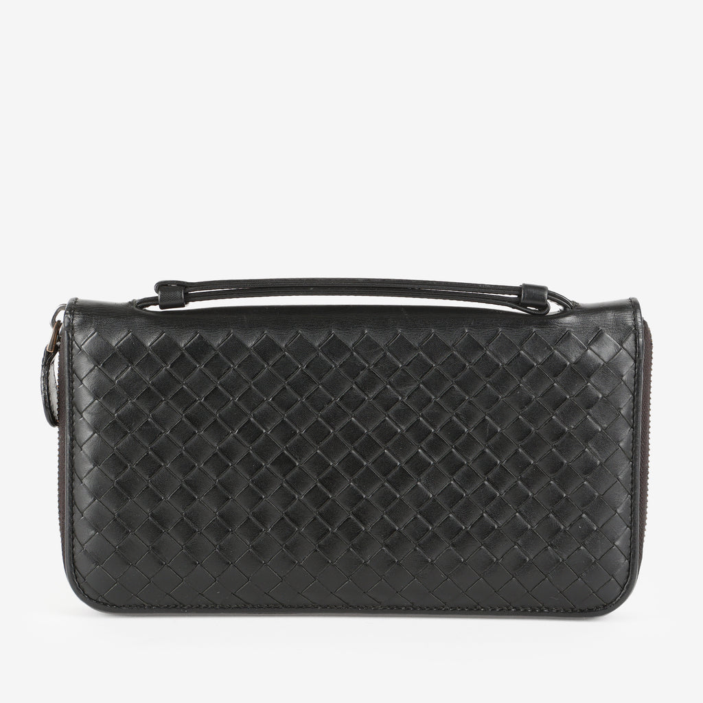 Intrecciato Travel Organizer Wallet, Black Calfskin