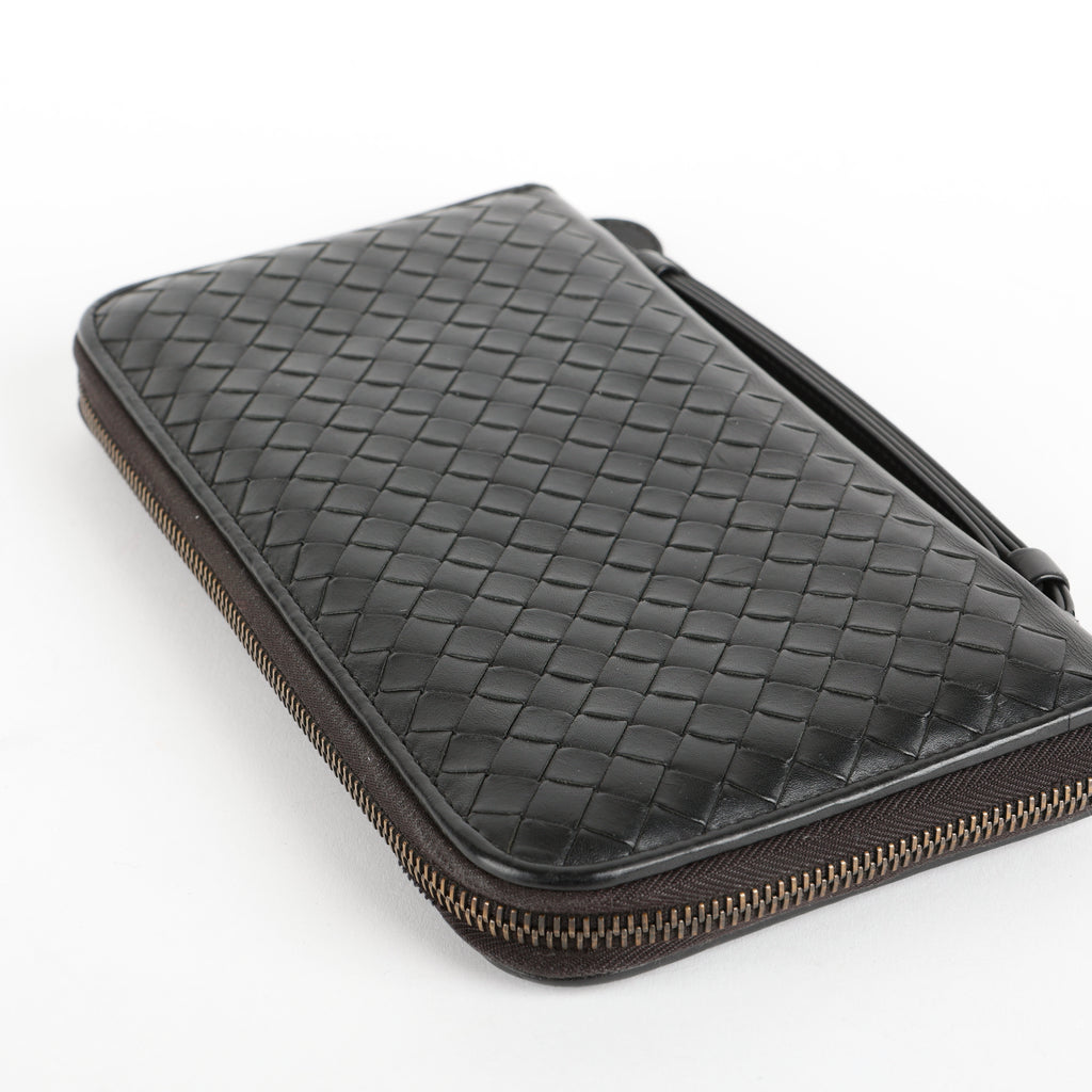 Intrecciato Travel Organizer Wallet, Black Calfskin