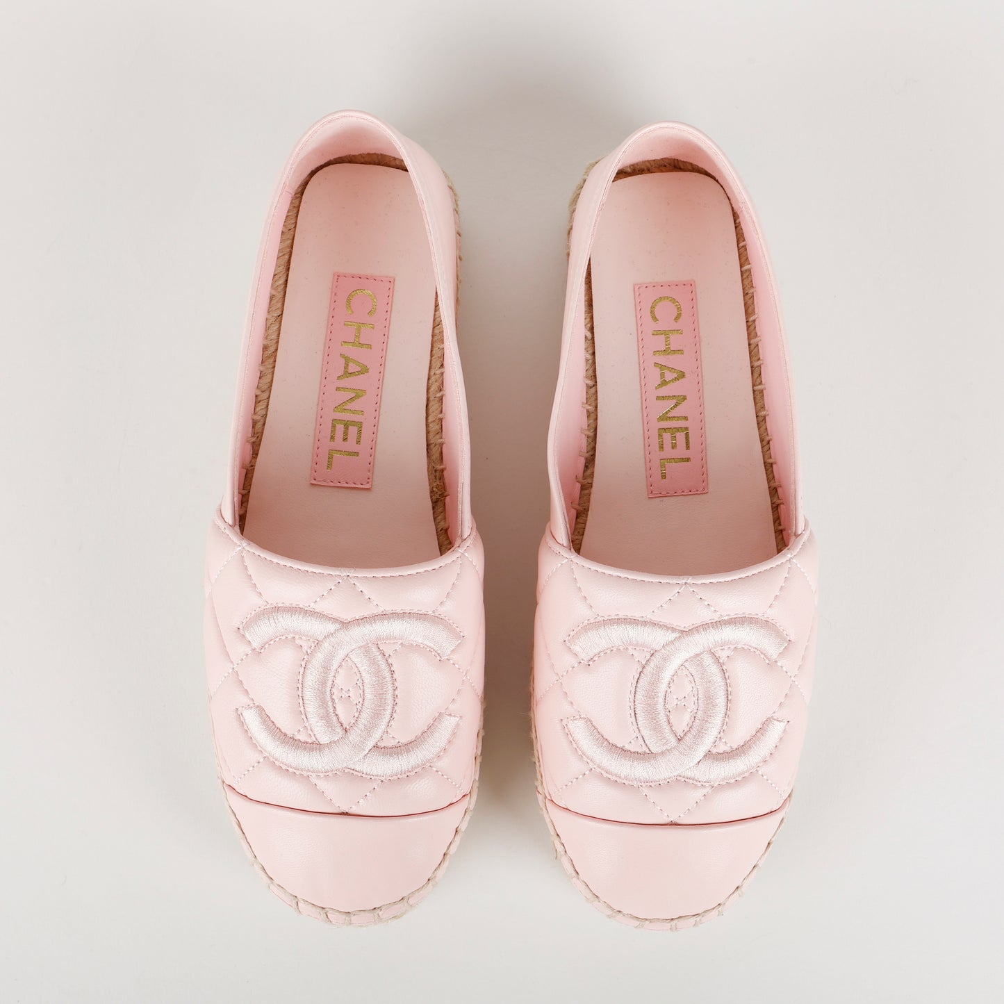 CC Quilted Espadrilles, Pink Lambskin Size: 35 (US 5)