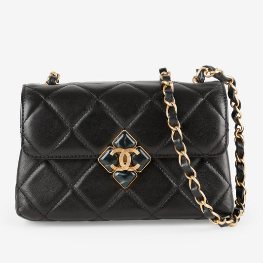 Mini Diamond Lock Flap, Black Lambskin