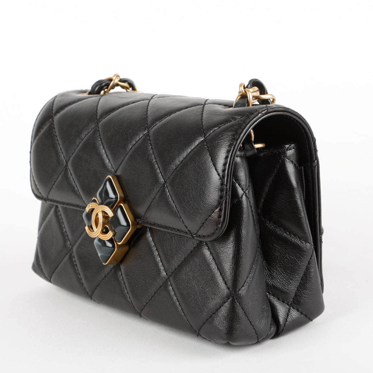 Mini Diamond Lock Flap, Black Lambskin
