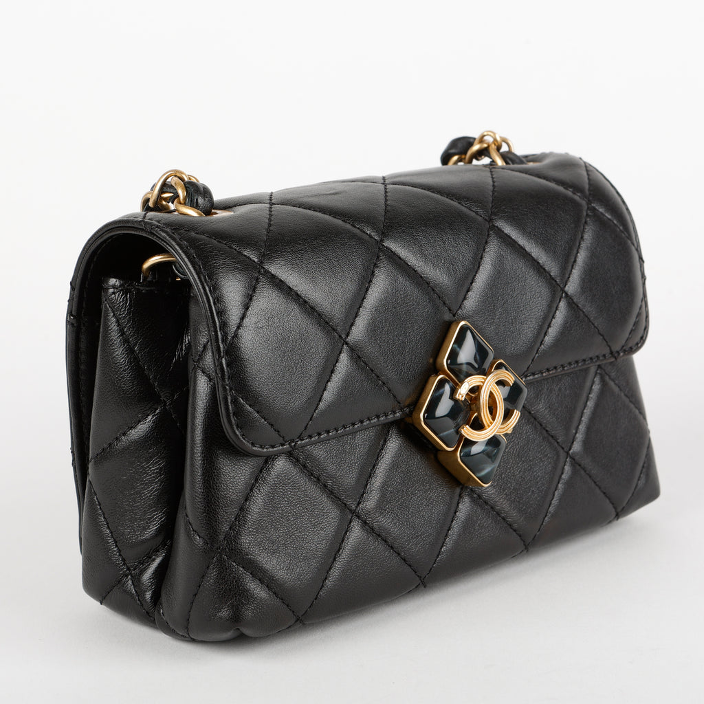 Mini Diamond Lock Flap, Black Lambskin