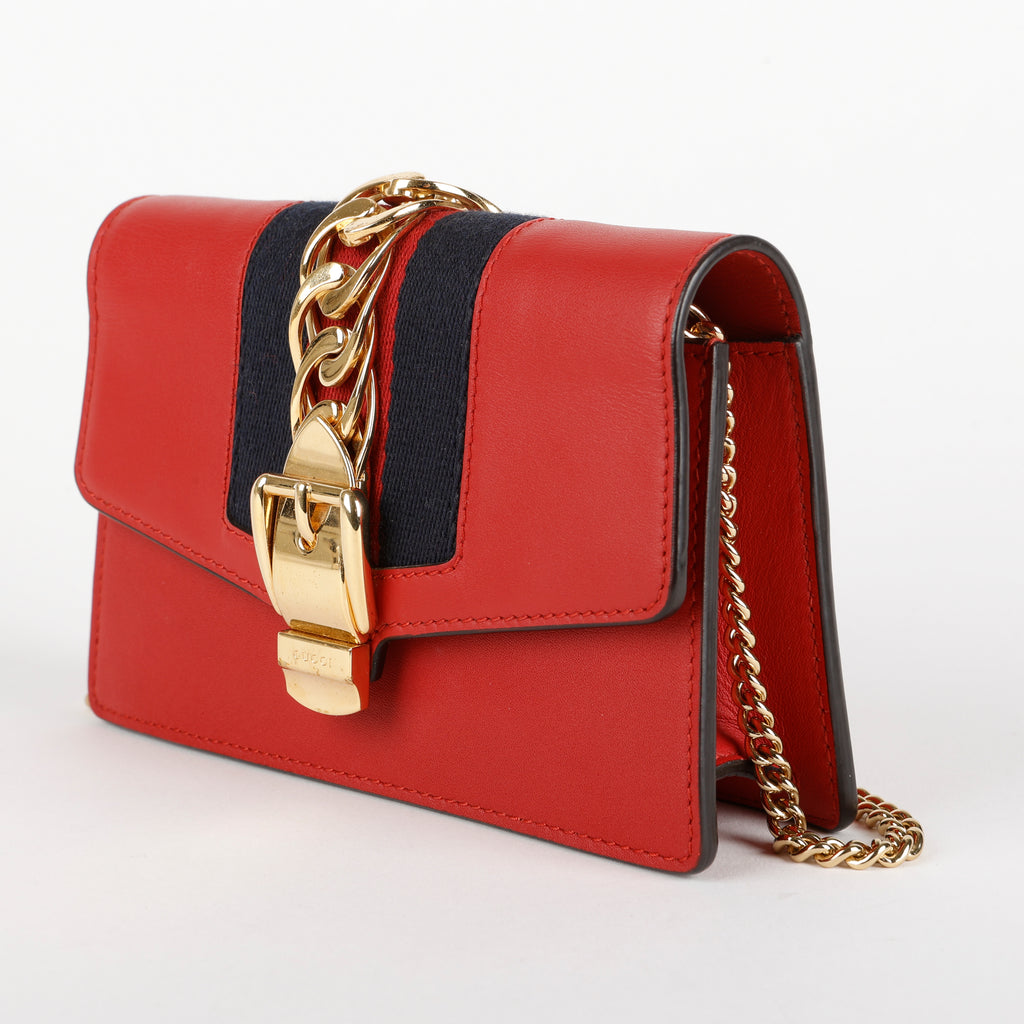 Super Mini Web Sylvie on Chain, Red Calfskin