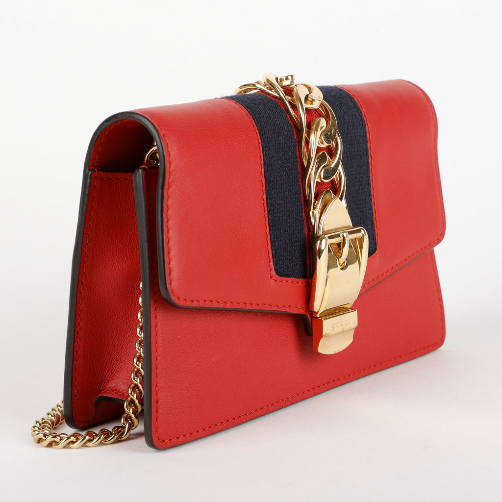 Super Mini Web Sylvie on Chain, Red Calfskin