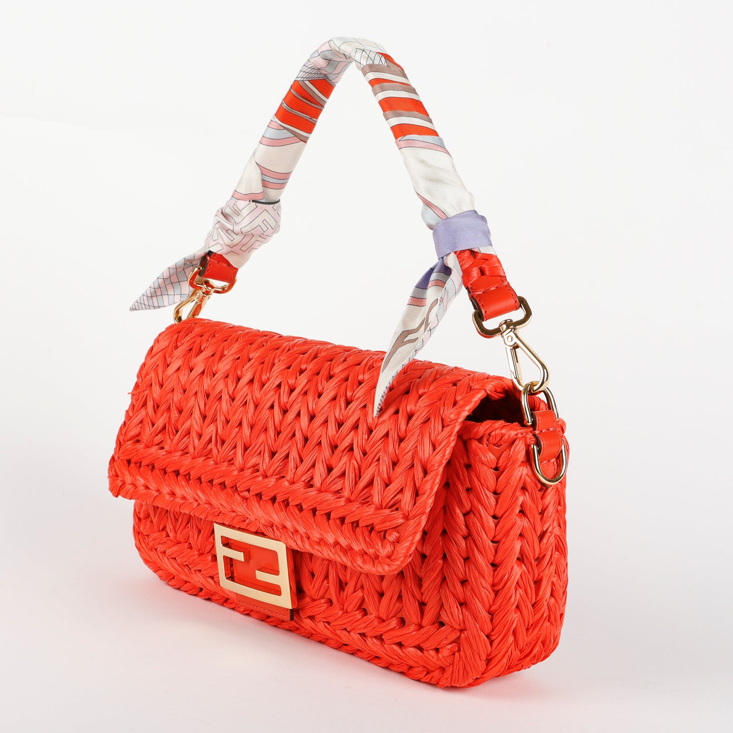 Paglia Vitello Grace Woven Baguette, Lava (branded twilly)