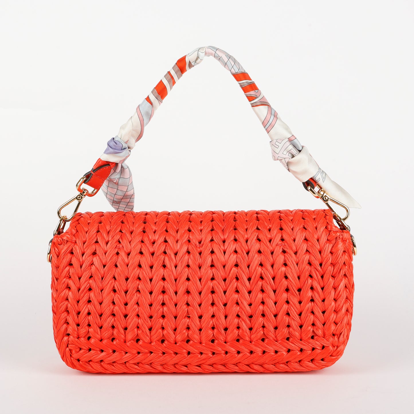 Paglia Vitello Grace Woven Baguette, Lava (branded twilly)