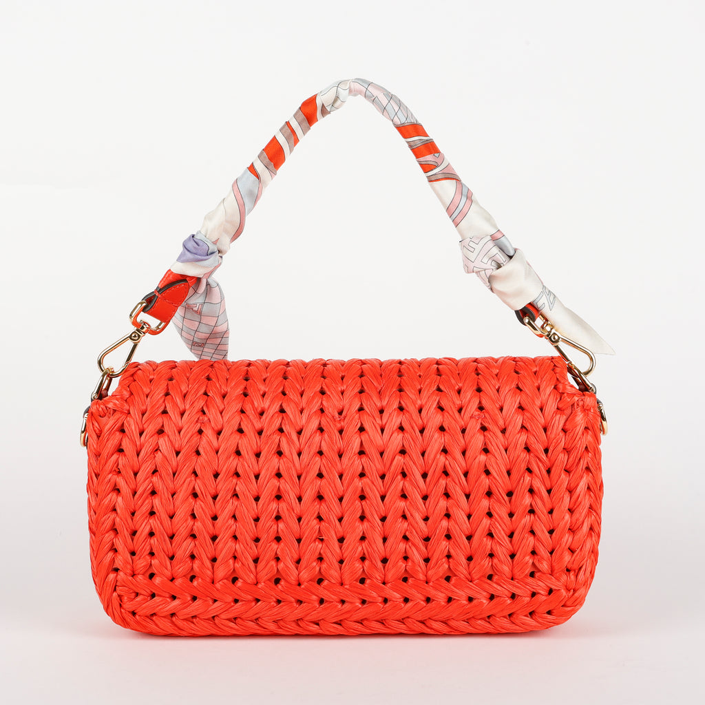Paglia Vitello Grace Woven Baguette, Lava (branded twilly)