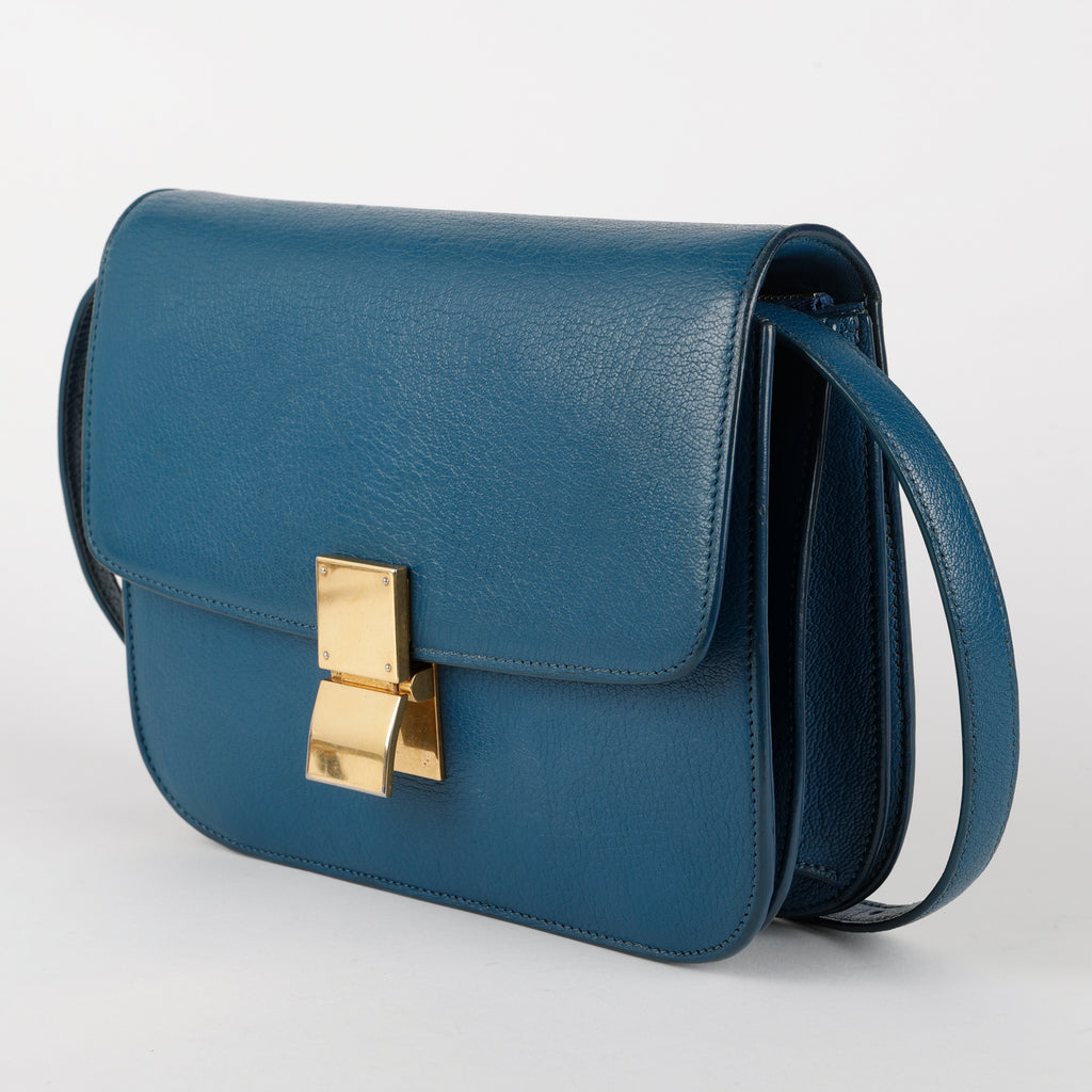 Medium Classic Box Bag, Blue Grained Calfskin