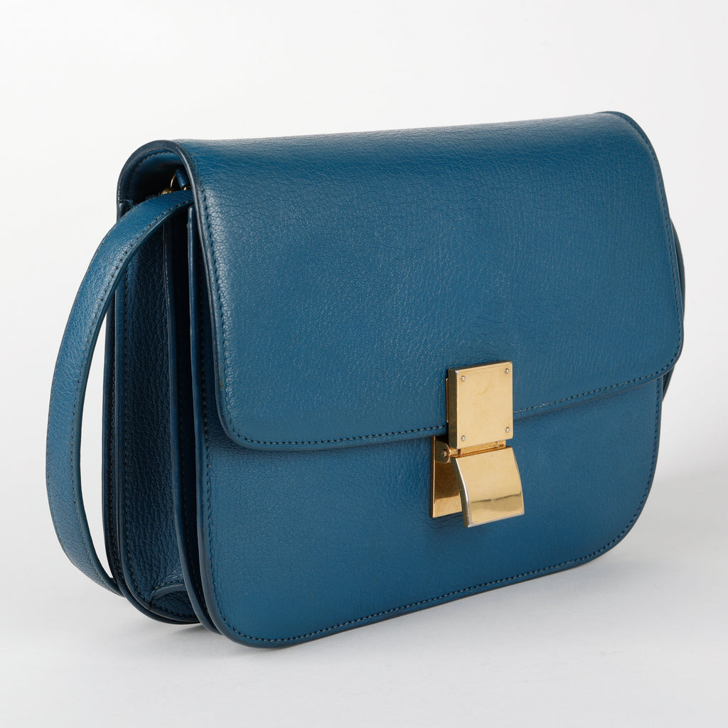 Medium Classic Box Bag, Blue Grained Calfskin