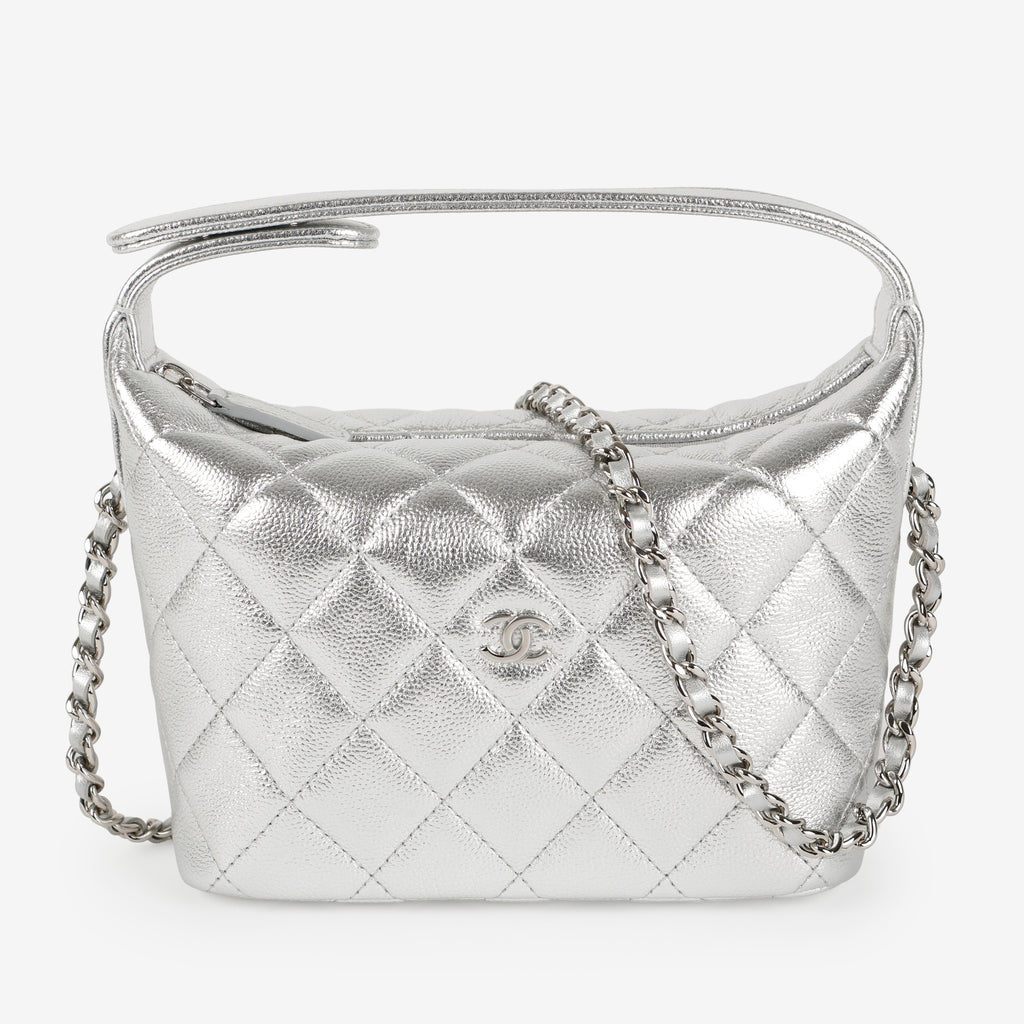 Hobo Clutch on Chain, Silver Caviar