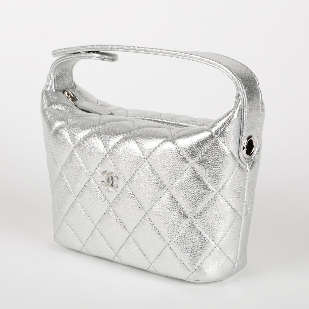 Hobo Clutch on Chain, Silver Caviar
