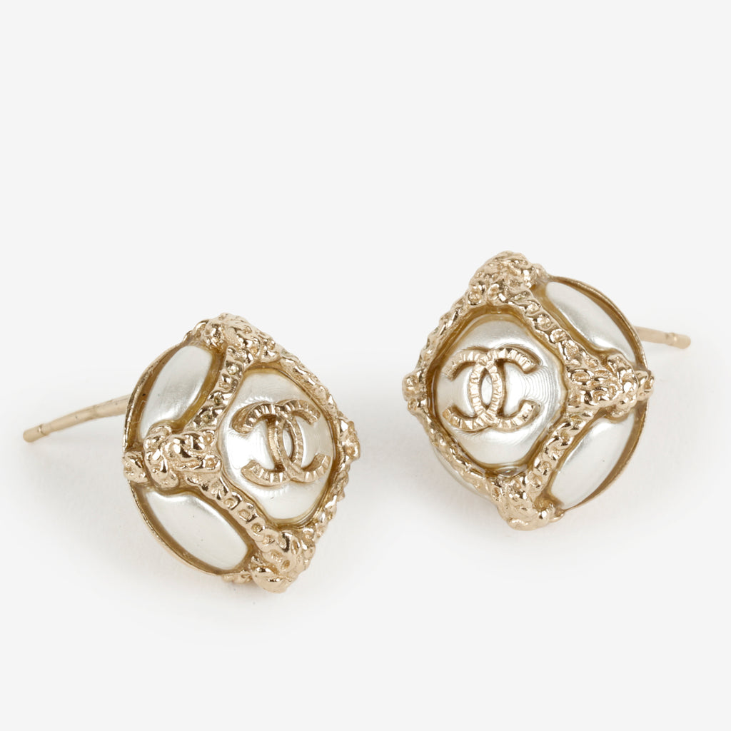 Gold CC Frame Pearl Studs