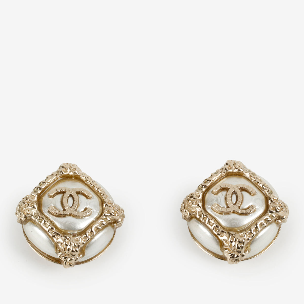 Gold CC Frame Pearl Studs
