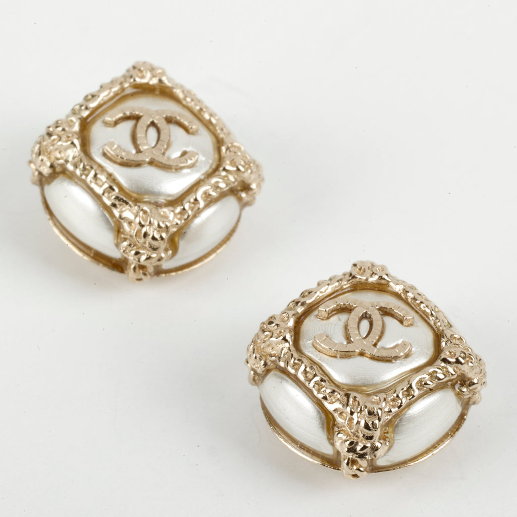 Gold CC Frame Pearl Studs