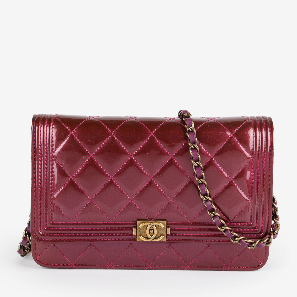 Boy Wallet on Chain, Metallic Plum Patent Leather