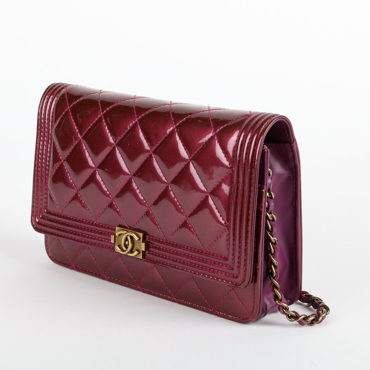 Boy Wallet on Chain, Metallic Plum Patent Leather