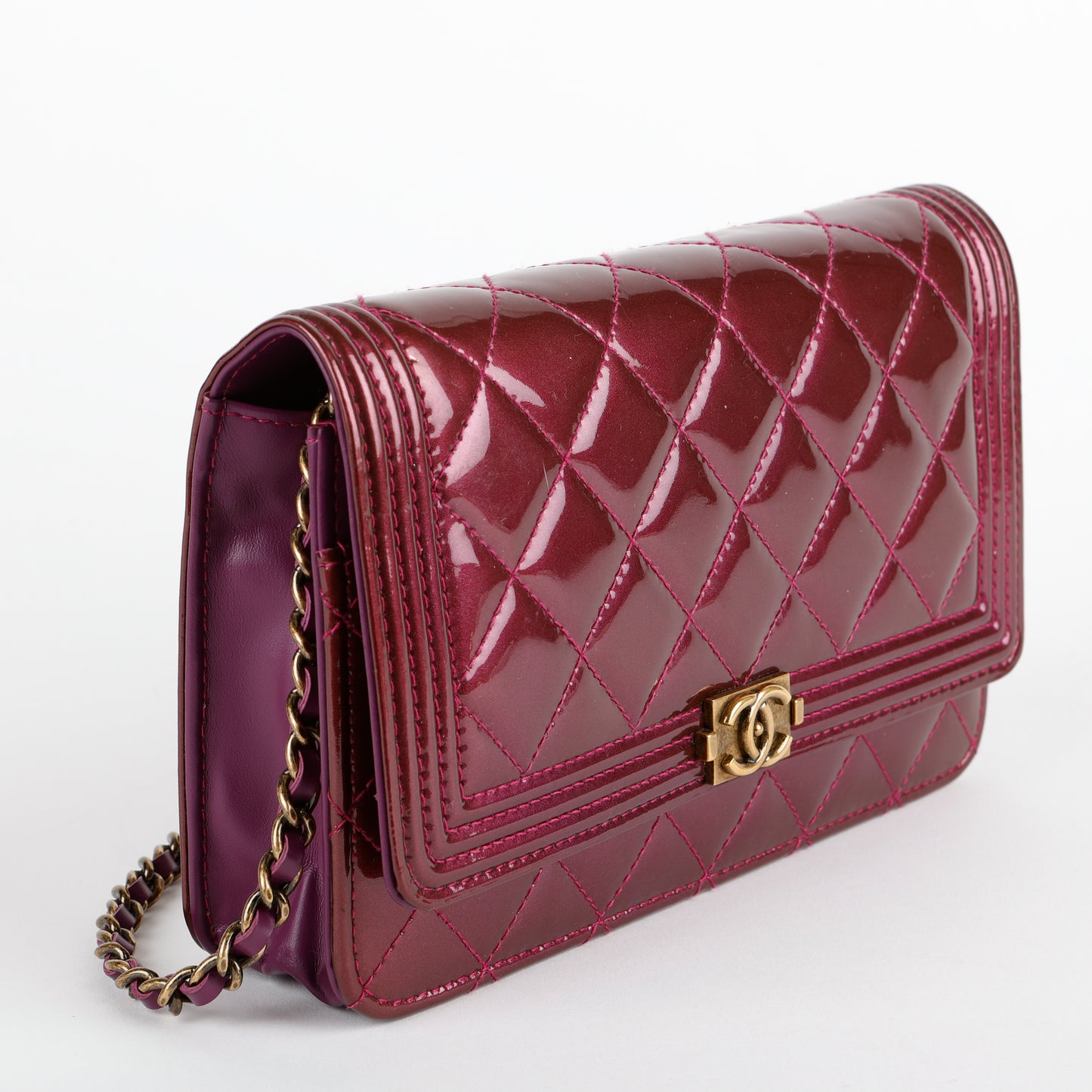 Boy Wallet on Chain, Metallic Plum Patent Leather