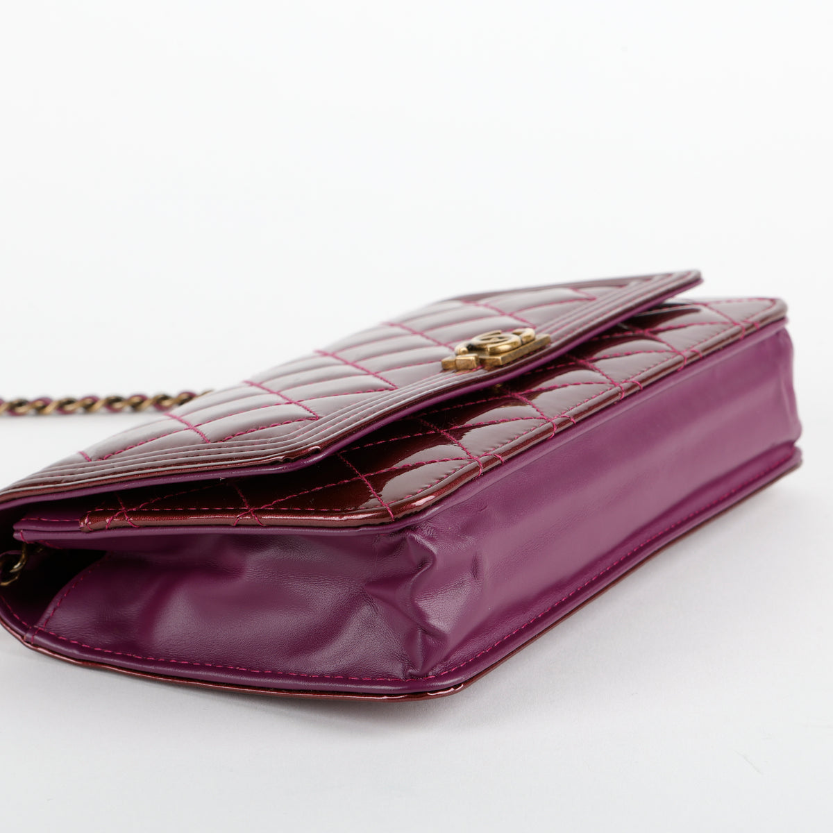 Boy Wallet on Chain, Metallic Plum Patent Leather