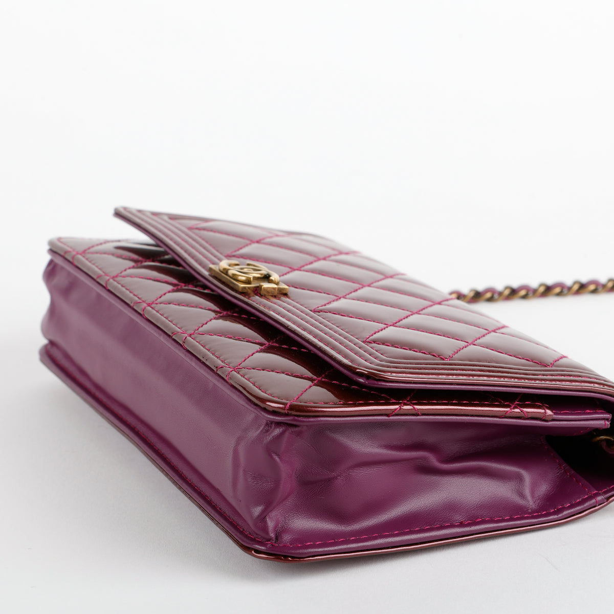 Boy Wallet on Chain, Metallic Plum Patent Leather