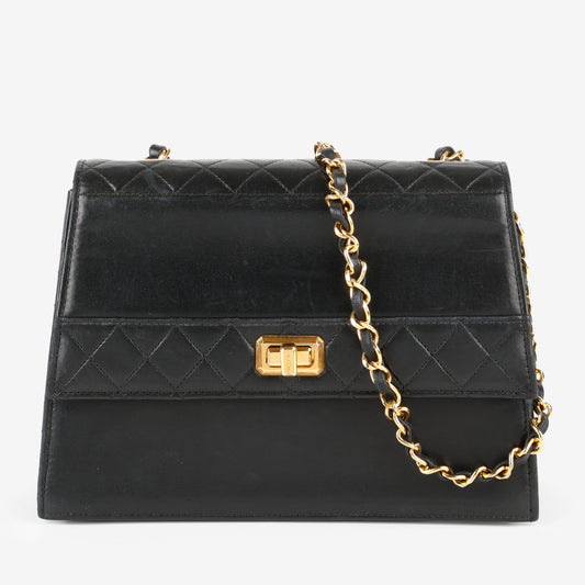 Vintage Trapezoid Flap Bag, Black Calfskin