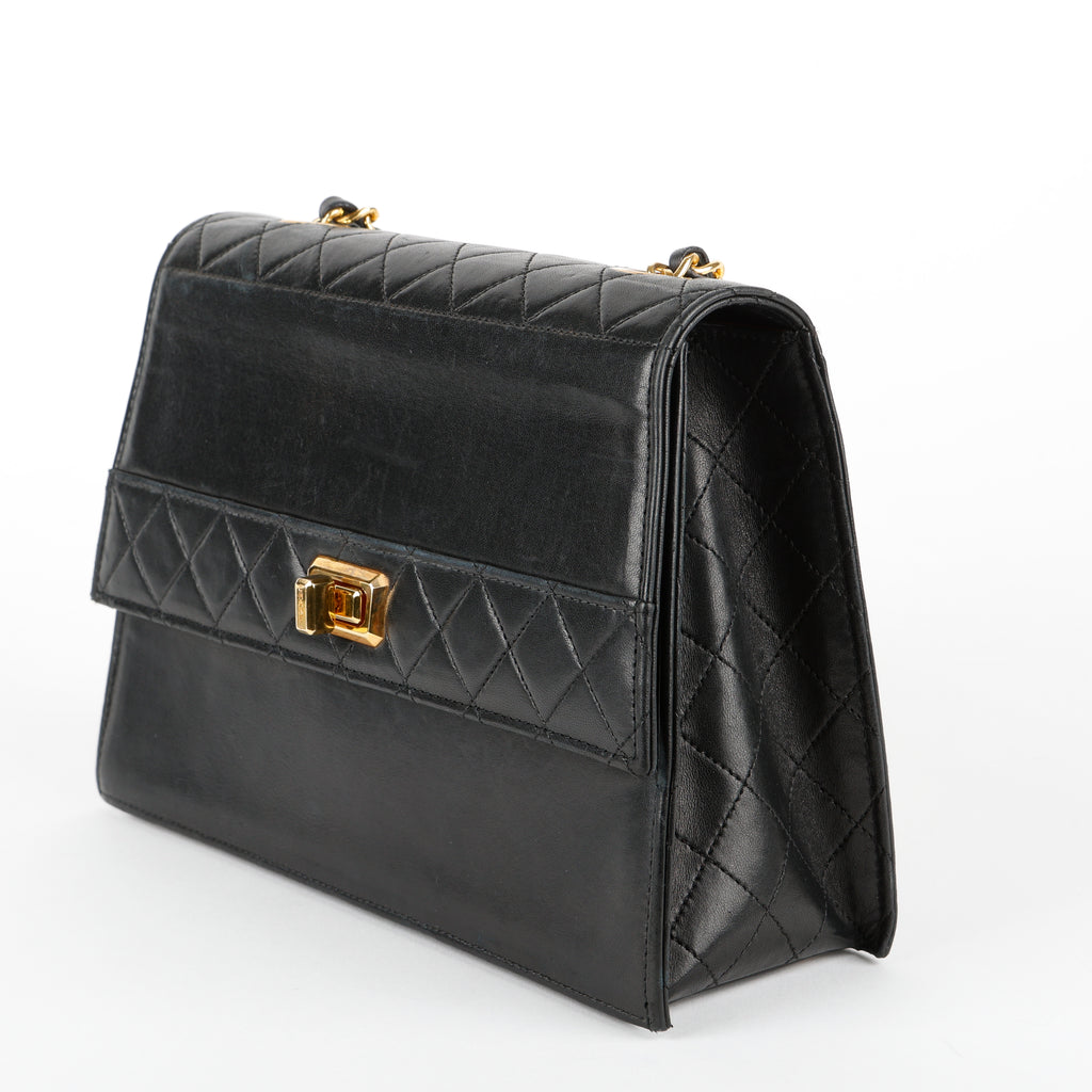Vintage Trapezoid Flap Bag, Black Calfskin