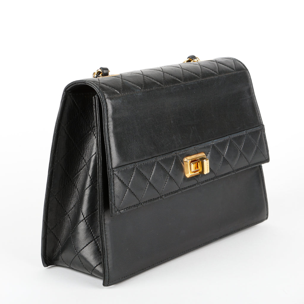 Vintage Trapezoid Flap Bag, Black Calfskin