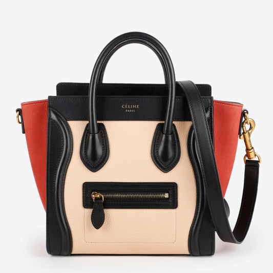 Nano Tricolor Luggage Tote, Red/Beige/Black Suede Calfskin