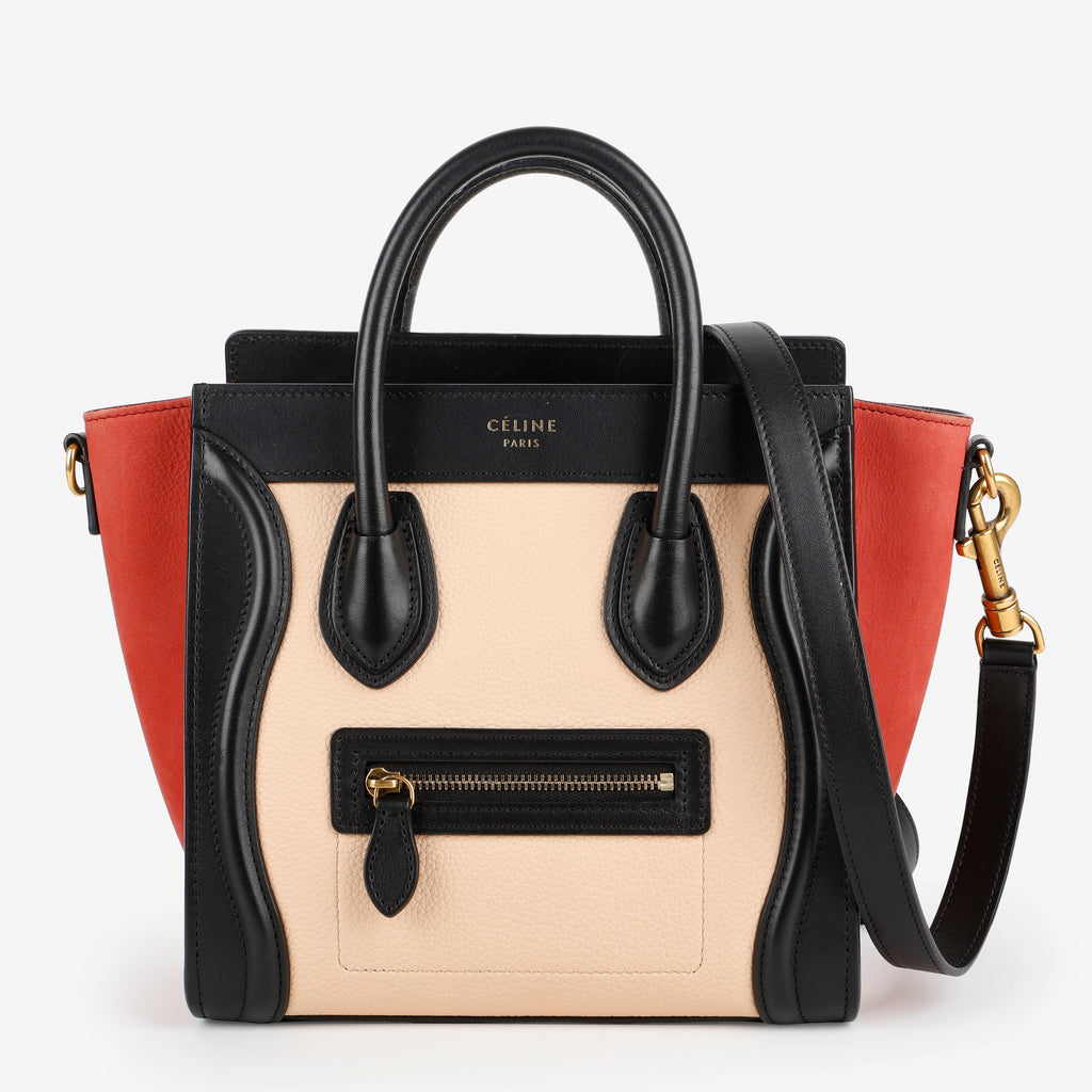 Nano Tricolor Luggage Tote, Red/Beige/Black Suede Calfskin