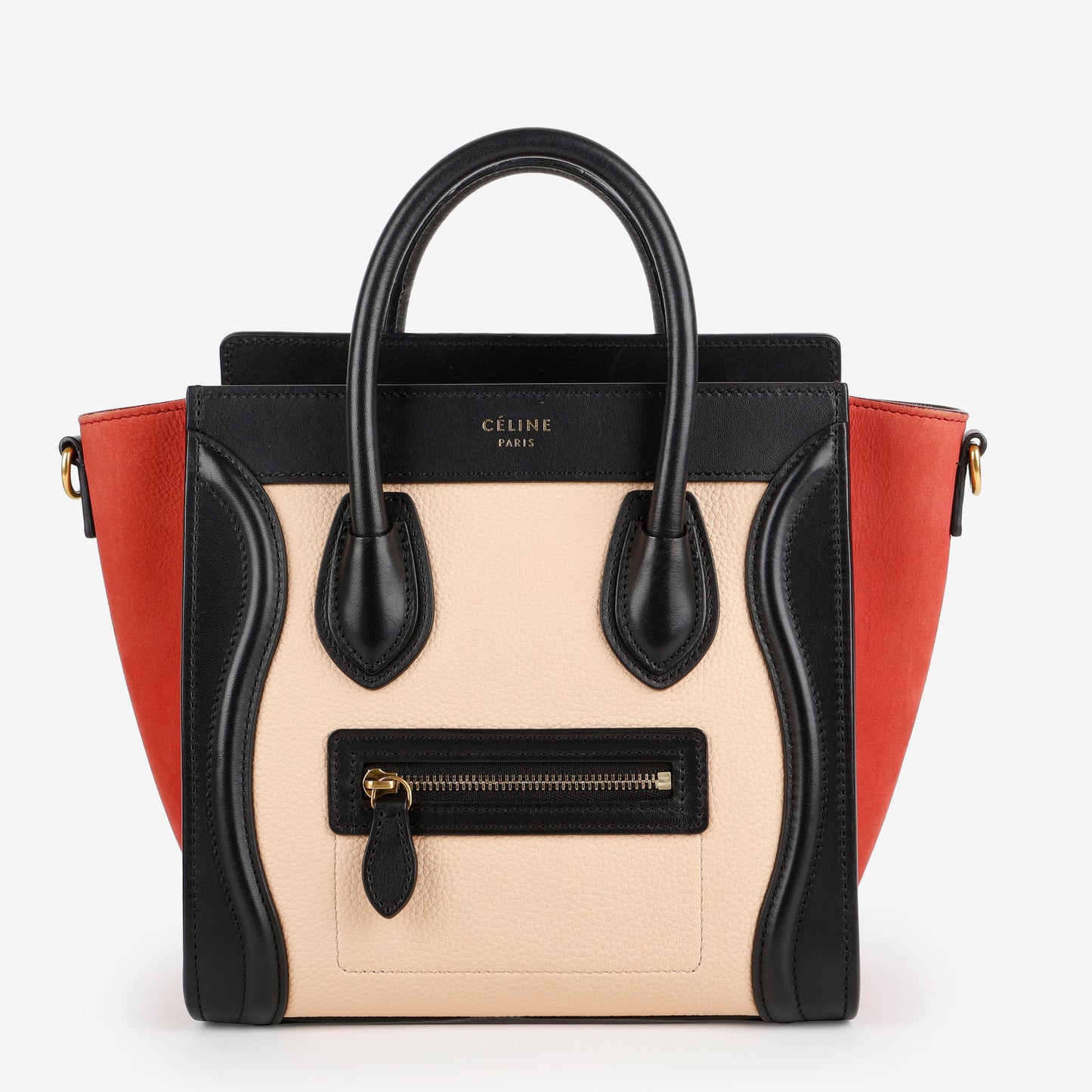 Nano Tricolor Luggage Tote, Red/Beige/Black Suede Calfskin